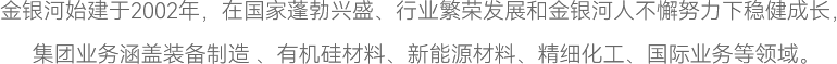 金銀河始建于2002年，在國(guó)家蓬勃興盛、行業(yè)繁榮發(fā)展和金銀河人不懈努力下穩(wěn)健成長(zhǎng)，
集團(tuán)業(yè)務(wù)涵蓋裝備制造 、有機(jī)硅材料、新能源材料、精細(xì)化工、國(guó)際業(yè)務(wù)等領(lǐng)域。